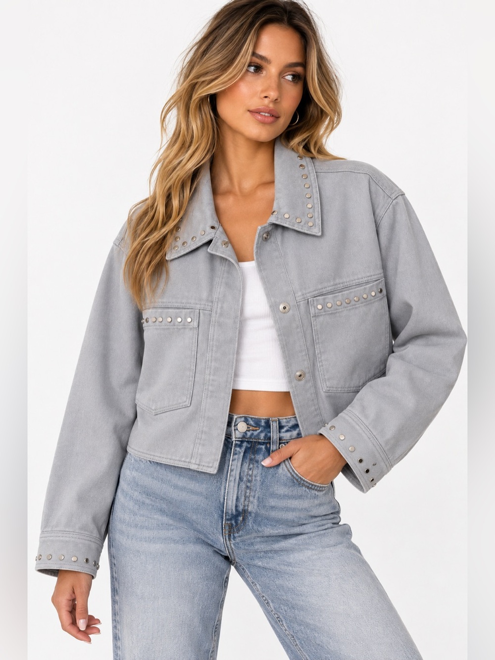 ZARA Women’s L Gray Studded Cropped Denim Jacket Silver Rivets Oversized NWOT